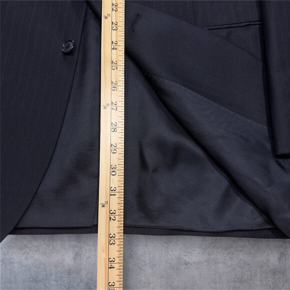 ALFANI Men’s 2-Piece Suit 44L Blazer 38x32 Pants Navy Blue Striped Virgin Wool - Picture 12 of 16